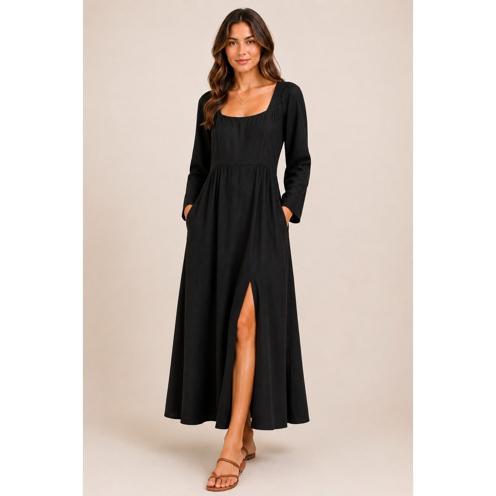 NWT Old Navy Long Sleeve Square Neck Maxi Dress Black Smocked Slit Pockets M